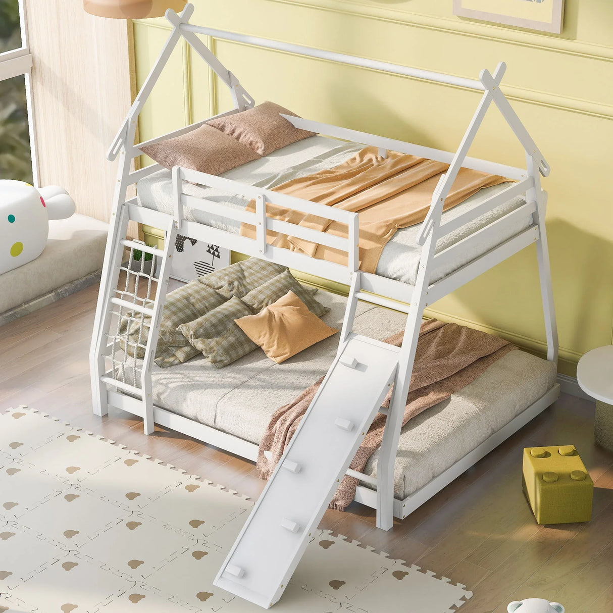 Twin Over Queen House Bunk Bed With Climbing Nets And Climbing Ramp - Furniture Home Direct