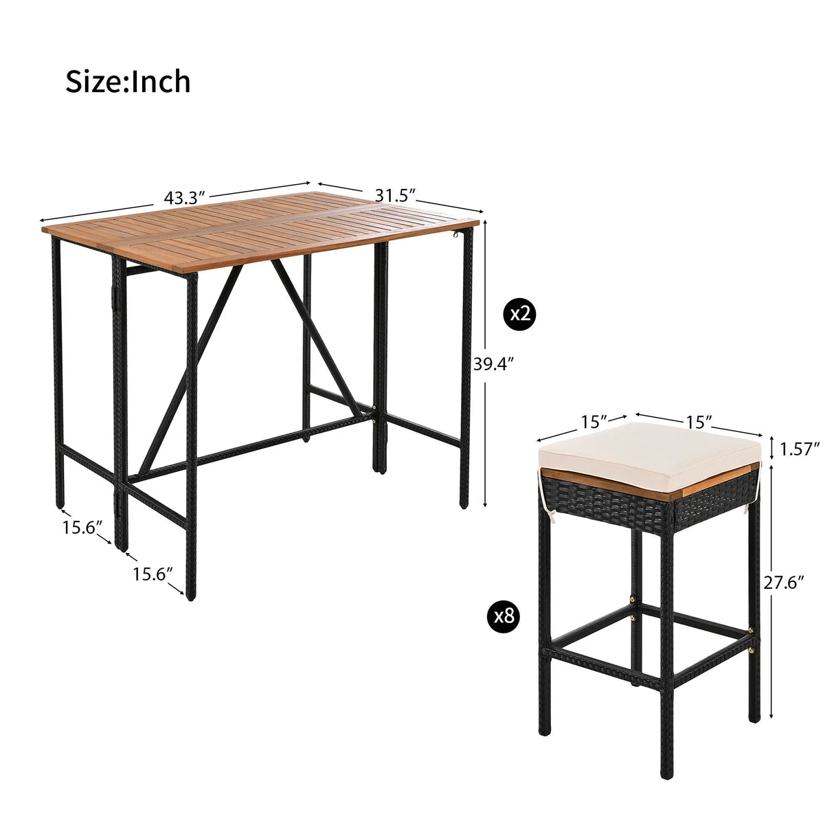 Outdoor Acacia Wood Bar Height Table And Eight Stools With Cushions - Furniture Home Direct