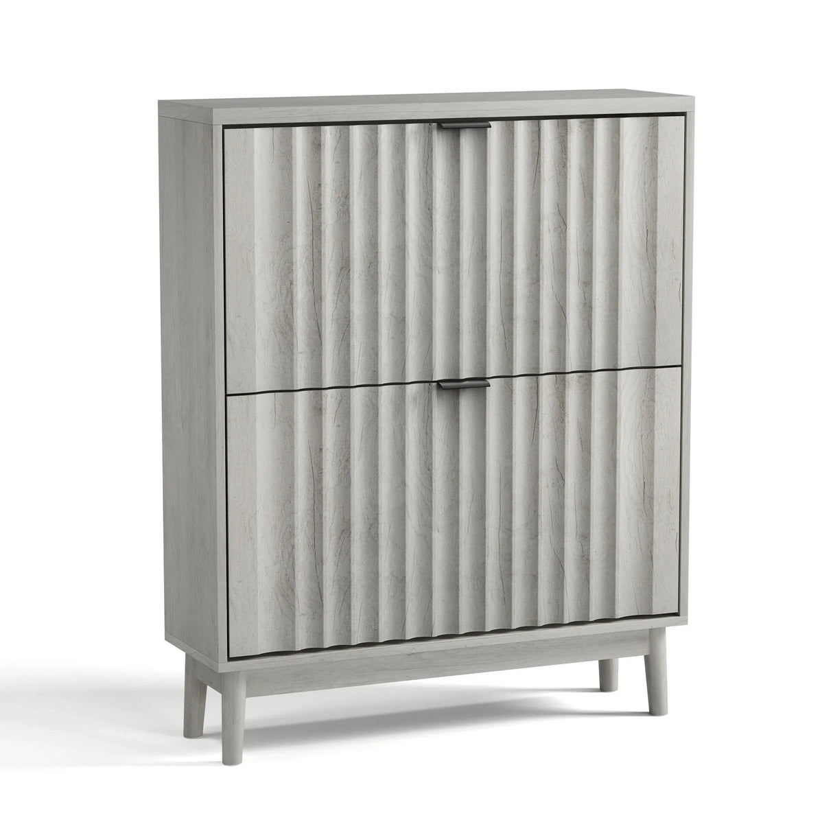 Shoe Cabinet With 2 Flip Drawers, Fluted Shoe Storage Cabinet For Entryway, Free Standing Shoe Storage Organizer With Wave Doors For Heels, Boots, Slippers In Hallway, Living Room - Gray - Furniture Home Direct