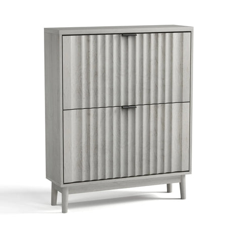 Shoe Cabinet With 2 Flip Drawers, Fluted Shoe Storage Cabinet For Entryway, Free Standing Shoe Storage Organizer With Wave Doors For Heels, Boots, Slippers In Hallway, Living Room - Gray - Furniture Home Direct