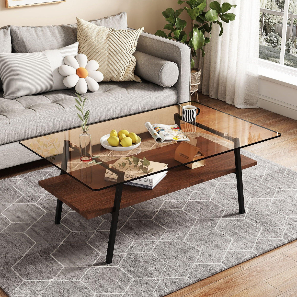 Rectangle Coffee Table, Tempered Glass Tabletop Modern Table For Living Room - Furniture Home Direct