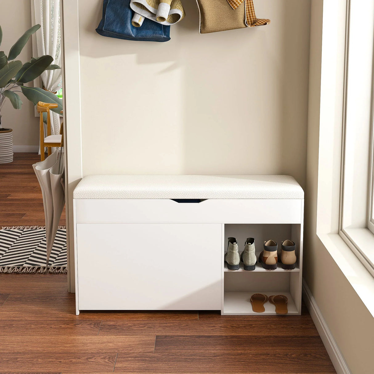 Modern Design Entryway Bench With Adjustable 3 Tier Flip-Up Drawers And Hidden Cabinet - White - Furniture Home Direct