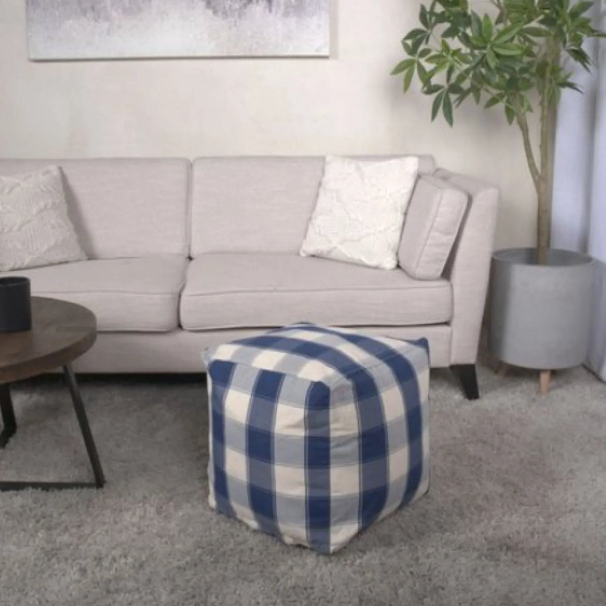Connor - Checkered Square Pouf Ottoman And Floor Cushion - Ivory / Navy - Furniture Home Direct