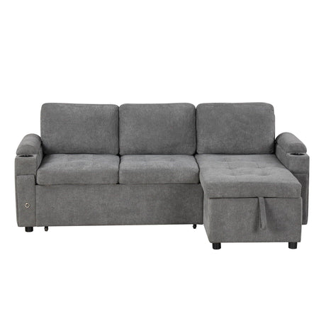 Convertible L Shaped Sofa Couch With Storage, Cup Holders, USB Ports - Furniture Home Direct