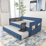 Upholstered Twin Size Daybed Bed Frame (Corner Bed) With Trundle, Velvet Fabric, Studding Design, No Box Spring Required - Furniture Home Direct