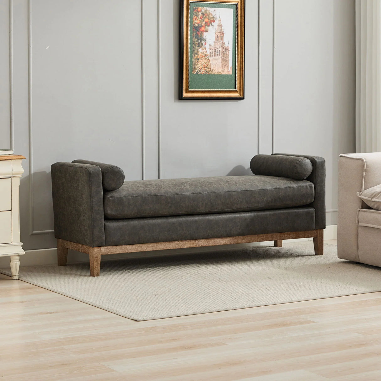 Elegant Upholstered Bench Daybed Ottoman With Bolster Pillows - Furniture Home Direct