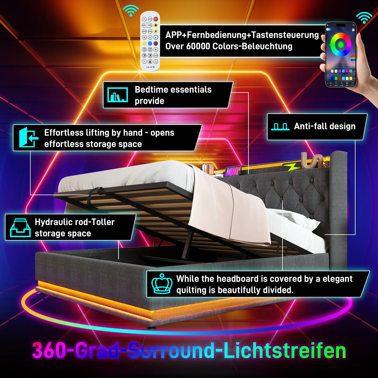 King Bed LED 360 Surround Lighting Storage USB Type C Gray - Furniture Home Direct