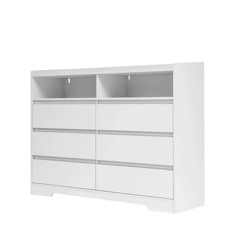 6 Drawer Dresser For Bedroom With LED Lights, Sturdy Frame - White - Furniture Home Direct