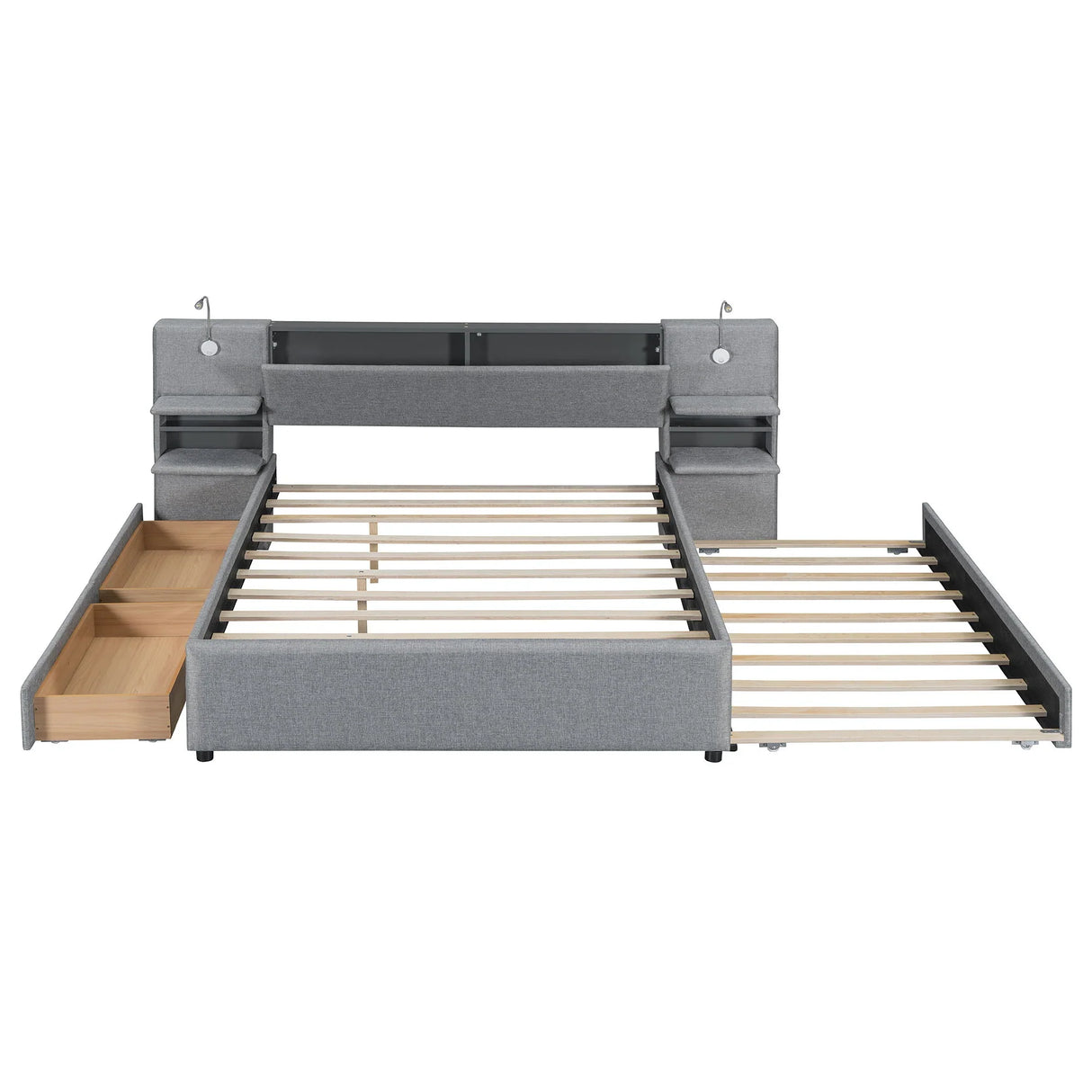 Upholstered Platform Bed With Reading Lights, Drawers, Trundle And Shelves - Furniture Home Direct