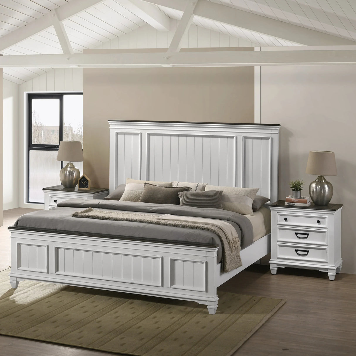 King Bed Set with Nightstands Shiplap Antique White Gray - Furniture Home Direct