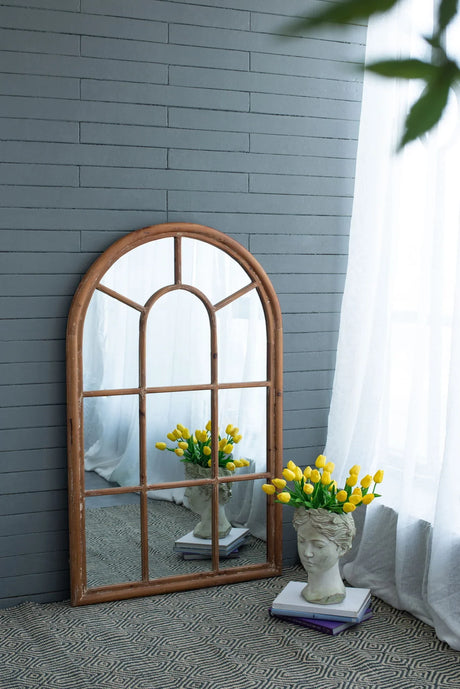 Large Arched Accent Mirror With Frame With Decorative Window Look Classic Architecture Style Solid Fir Wood Interior Decor - Brown - Furniture Home Direct