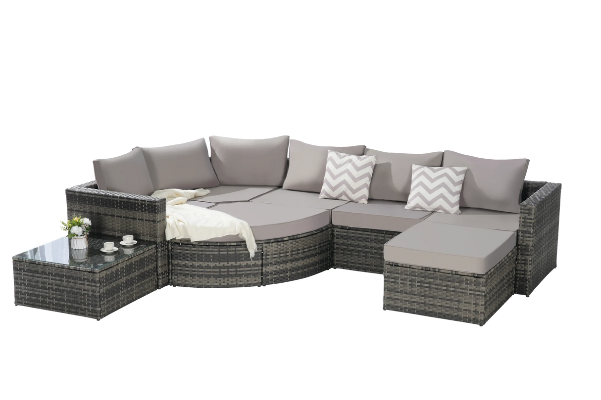 Wicker Outdoor Sectional Set with Curved Ottoman & Glass Top Table - Furniture Home Direct