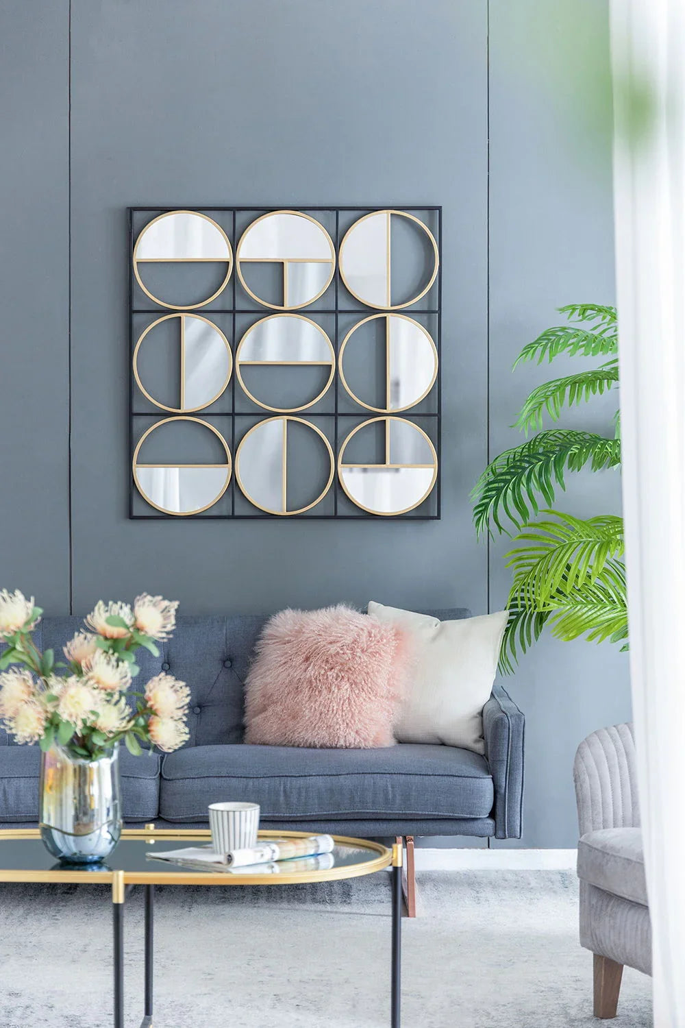 Eclectic Styling Metal Beaded Wall Mirror With Contemporary Design For Bedroom, Liveroom & Entryway - Furniture Home Direct