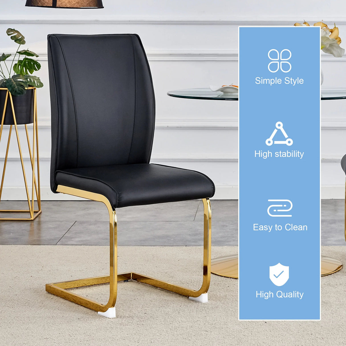 Dining Chair Set With Gold Frame PU Upholstery Black - Furniture Home Direct