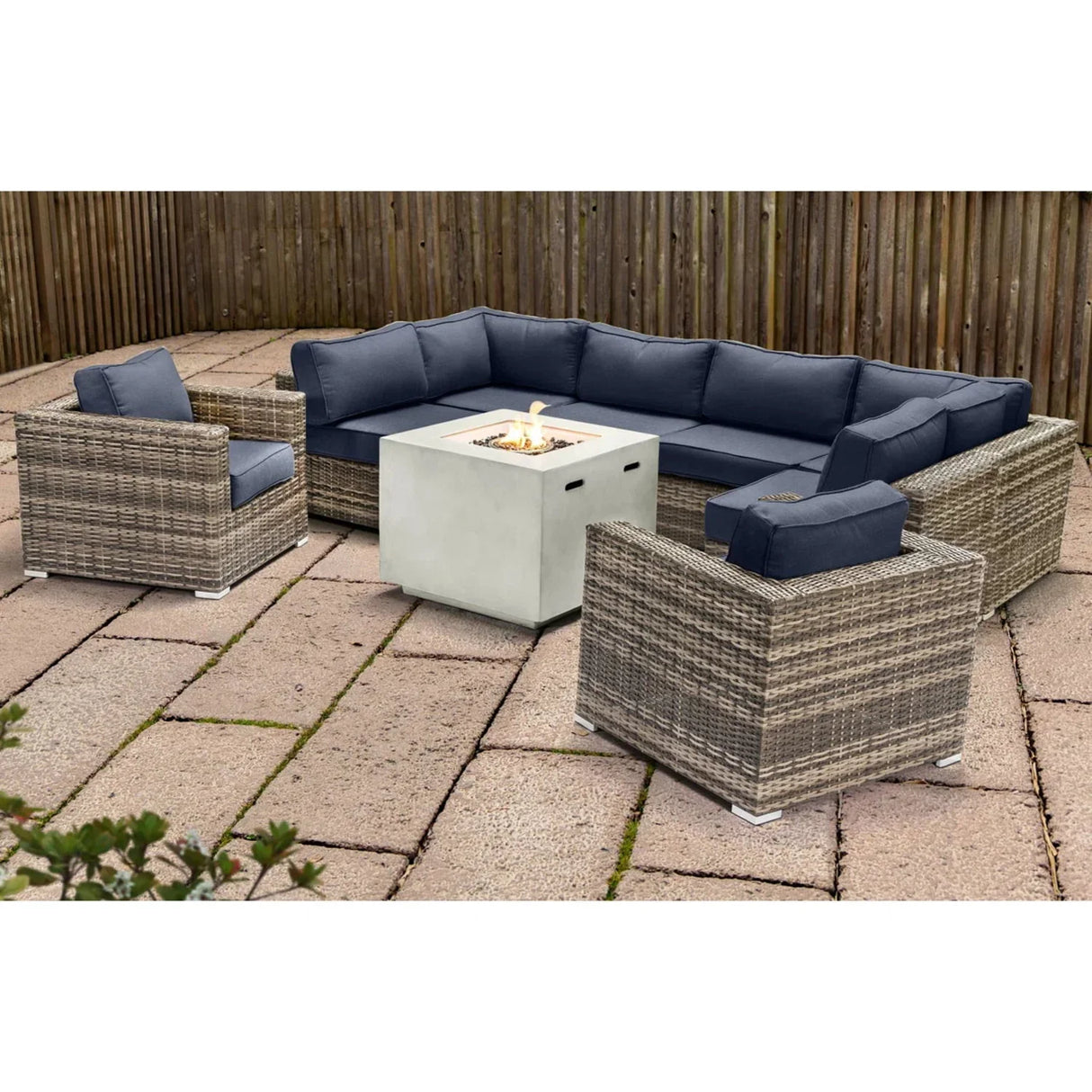Premium 6 Person Wicker Patio Seating Group With Deep Cushions And Concrete Fire Pit - Gray Mix - Furniture Home Direct