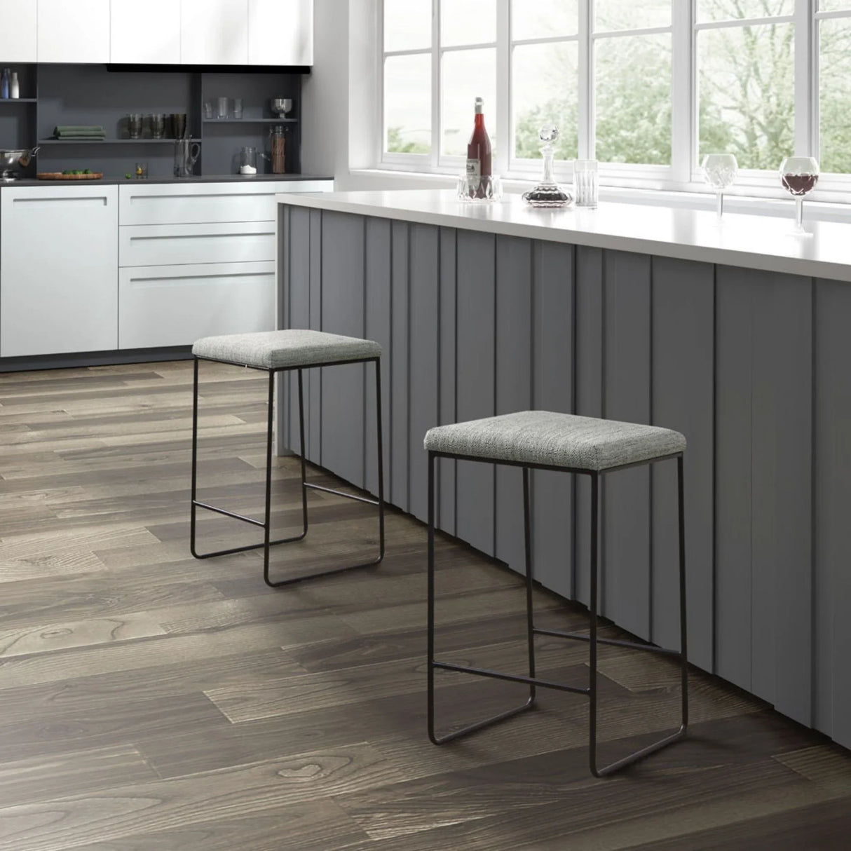 Counter Stool With Faux Linen Seat - Heathered Gray / Matte Black - Furniture Home Direct