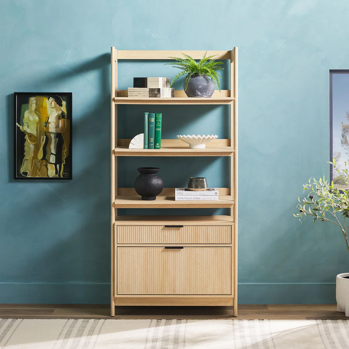 Transitional Wide Reeded Bookshelf With Drawers On Bottom - Furniture Home Direct