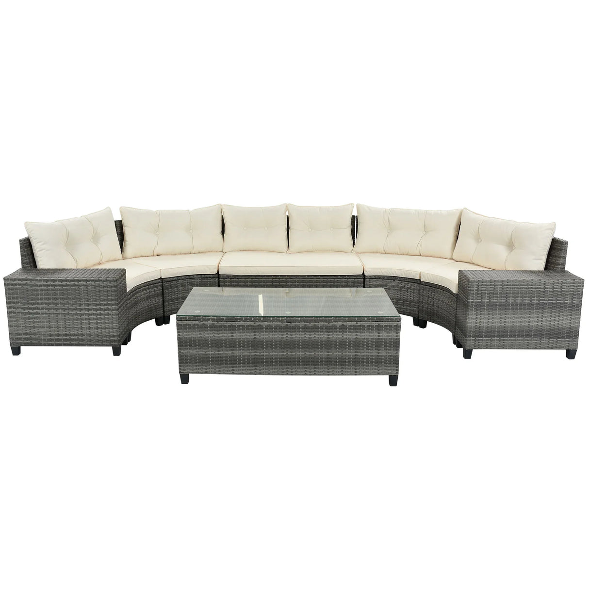 8 Pieces Outdoor Wicker Round Sofa Set, Half-Moon Sectional Sets All Weather, Curved Sofa Set With Rectangular Coffee Table, PE Rattan Water-Resistant And UV Protected, Movable Cushion - Furniture Home Direct