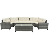 8 Pieces Outdoor Wicker Round Sofa Set, Half-Moon Sectional Sets All Weather, Curved Sofa Set With Rectangular Coffee Table, PE Rattan Water-Resistant And UV Protected, Movable Cushion - Furniture Home Direct