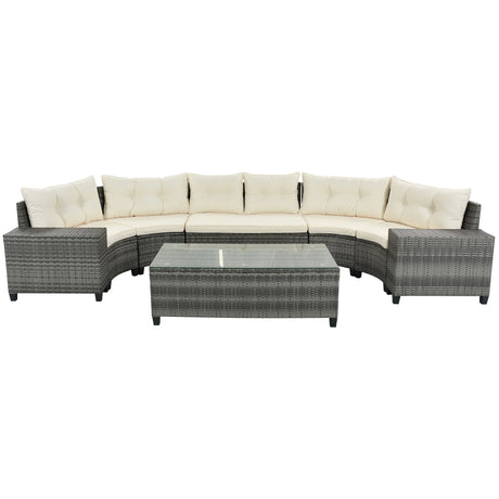 8 Pieces Outdoor Wicker Round Sofa Set, Half-Moon Sectional Sets All Weather, Curved Sofa Set With Rectangular Coffee Table, PE Rattan Water-Resistant And UV Protected, Movable Cushion - Furniture Home Direct