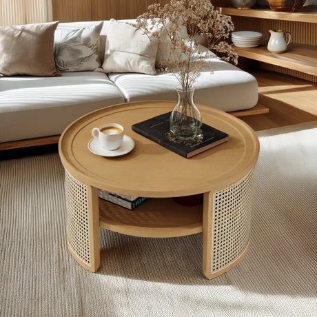 Round Coffee Table With Storage Caned Sides Natural - Furniture Home Direct
