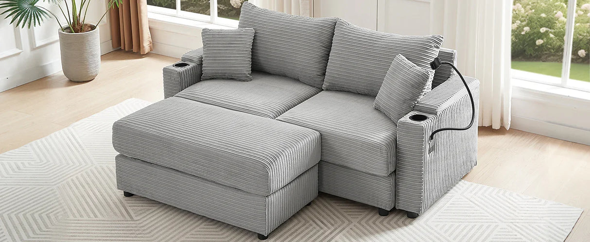 Modern Style Loveseat With Storage, Ottoman, Two USB Ports, Two Cup Holders and Phone Holder - Gray - Furniture Home Direct