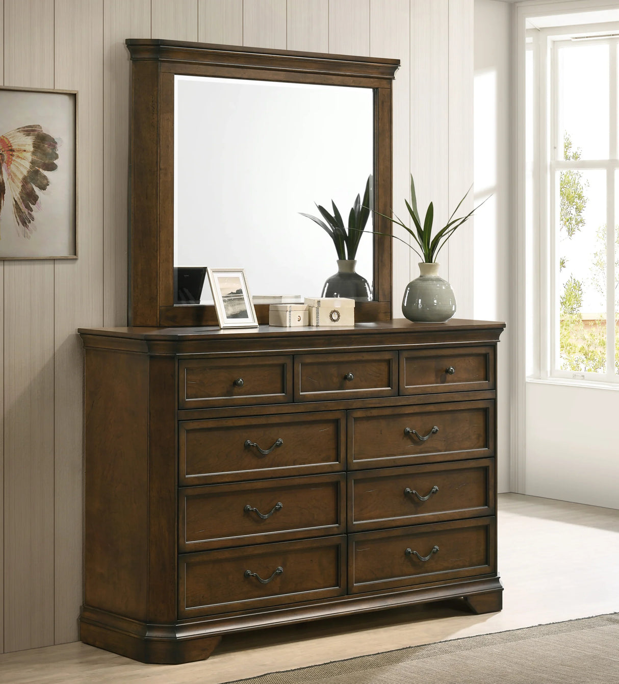 Queen Bed Set Dresser Nightstands Mirror Chest Walnut Brown - Furniture Home Direct