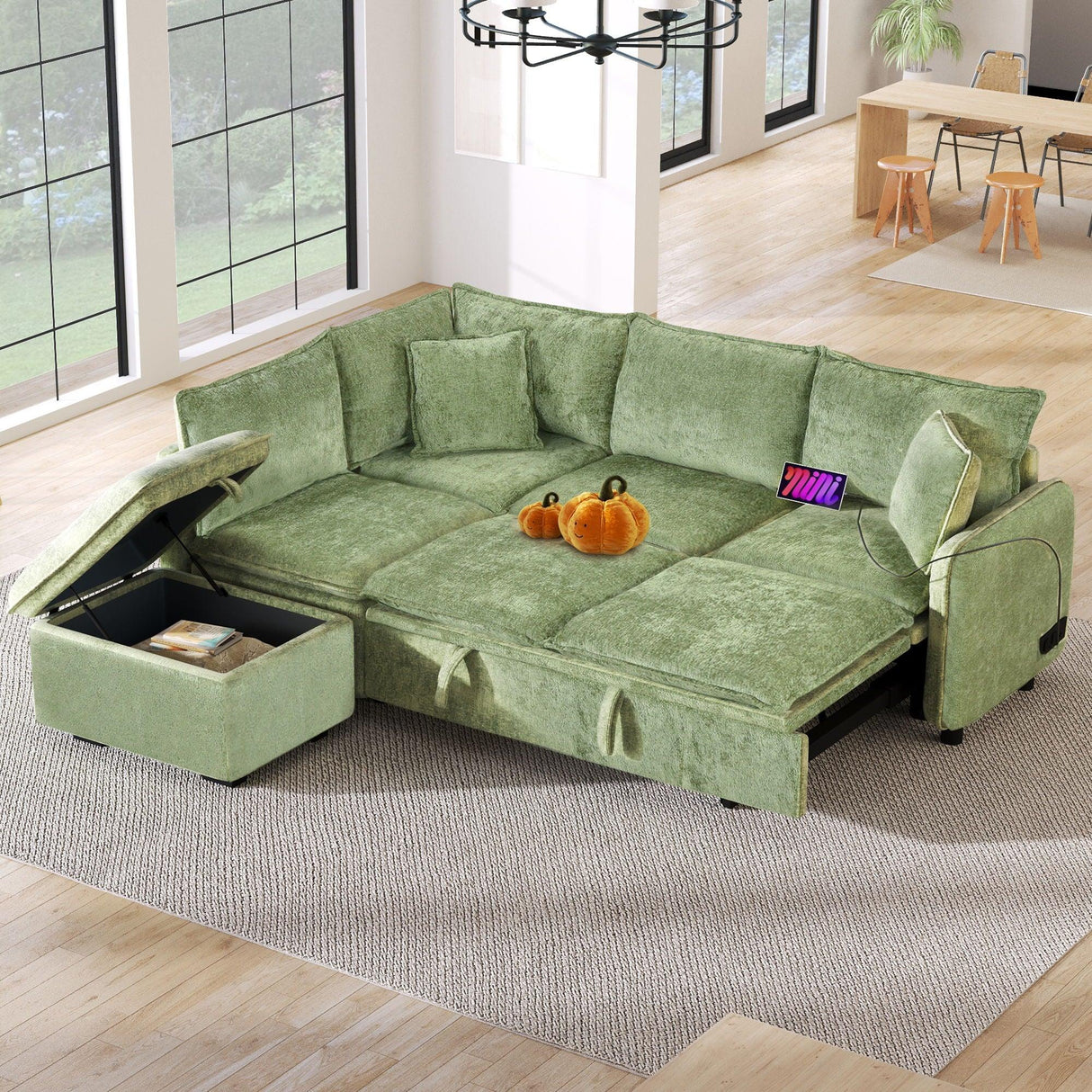 Convertible Sofa Bed Sectional Sofa Sleeper L-Shaped Sofa With A Storage Ottoman, Two Pillows, Two Power Sockets And Two USB Ports For Living Room - Furniture Home Direct