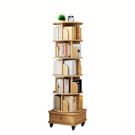 6 Tier Rotating Bookshelf With Wheels And Drawer, 360° Spinning Design, Space Saving Storage, For Home - Wood - Furniture Home Direct