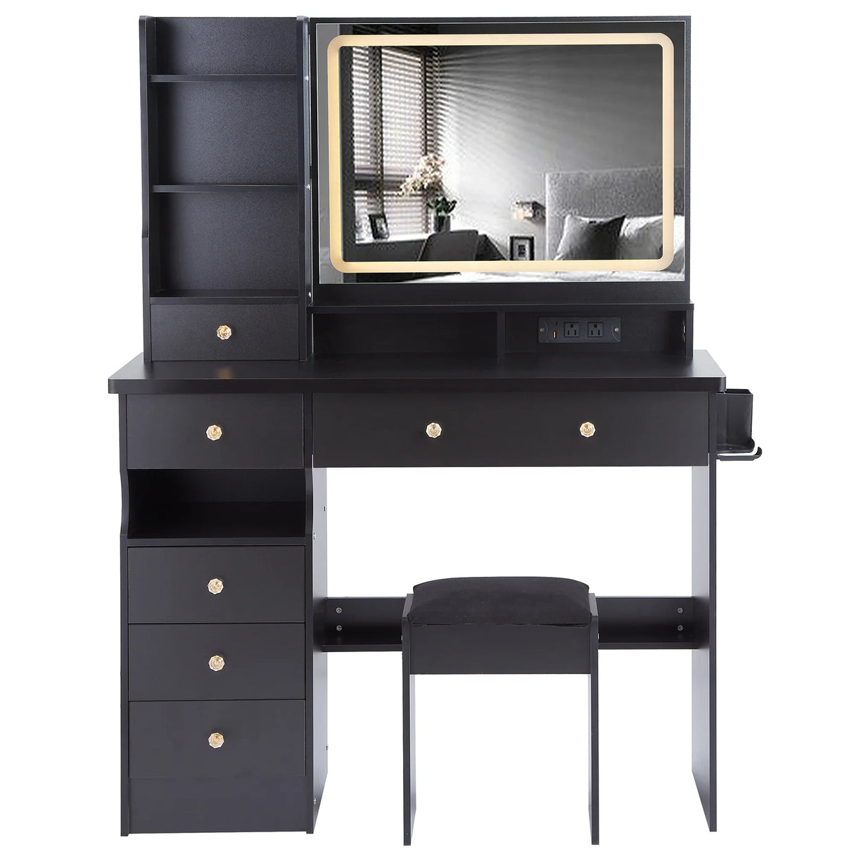 Vanity Desk With Cushioned Stool And Mirror Set Black - Furniture Home Direct