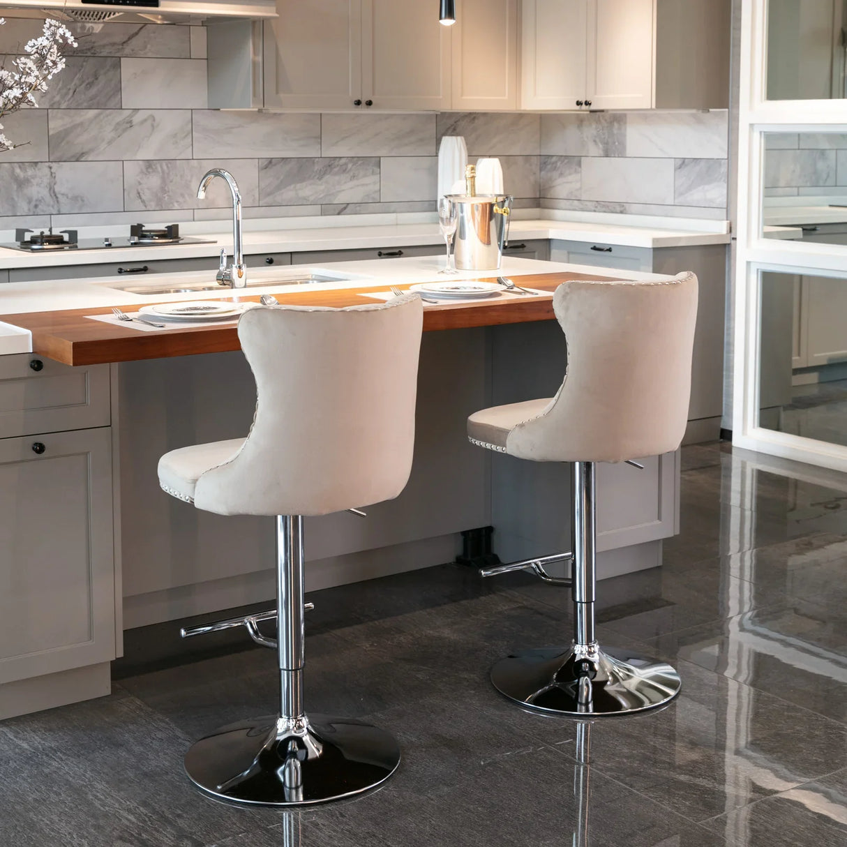 Bar Stool Set Swivel Tufted Velvet Chrome Base Khaki - Furniture Home Direct