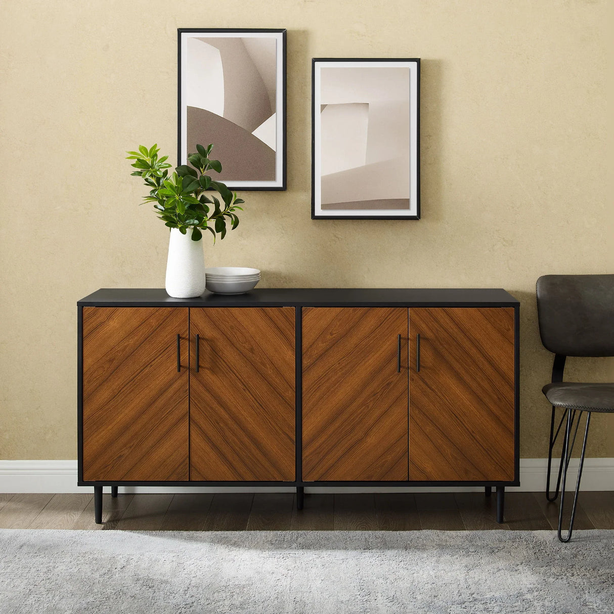 Mid-Century Modern Faux Bookmatch Door Buffet - Acorn / Solid Black - Furniture Home Direct