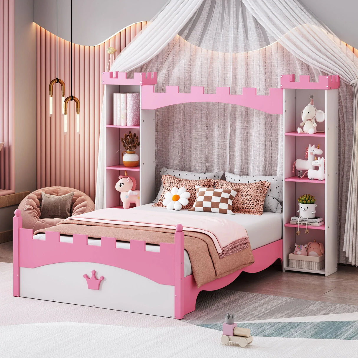 Castle Shaped Bed With Storage Shelf, Dreamy Platform Bed For Kids Bedroom - Furniture Home Direct