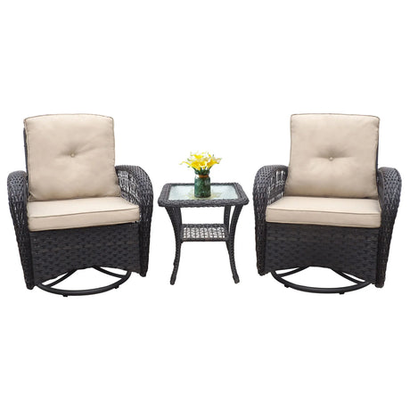 3 Pieces Conversation Set, Outdoor Wicker Rocker Swivel Patio Bistro Set, Rocking Chair With Glass Top Side Table - Furniture Home Direct