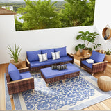 7 Pieces Patio, Wicker Dining Set With Removable Cushions Cotton And Rattan - Blue - Furniture Home Direct