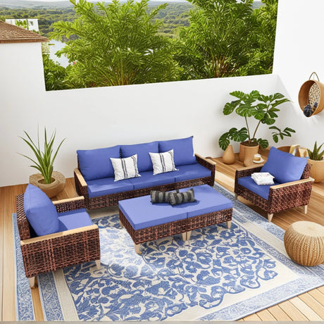 7 Pieces Patio, Wicker Dining Set With Removable Cushions Cotton And Rattan - Blue - Furniture Home Direct