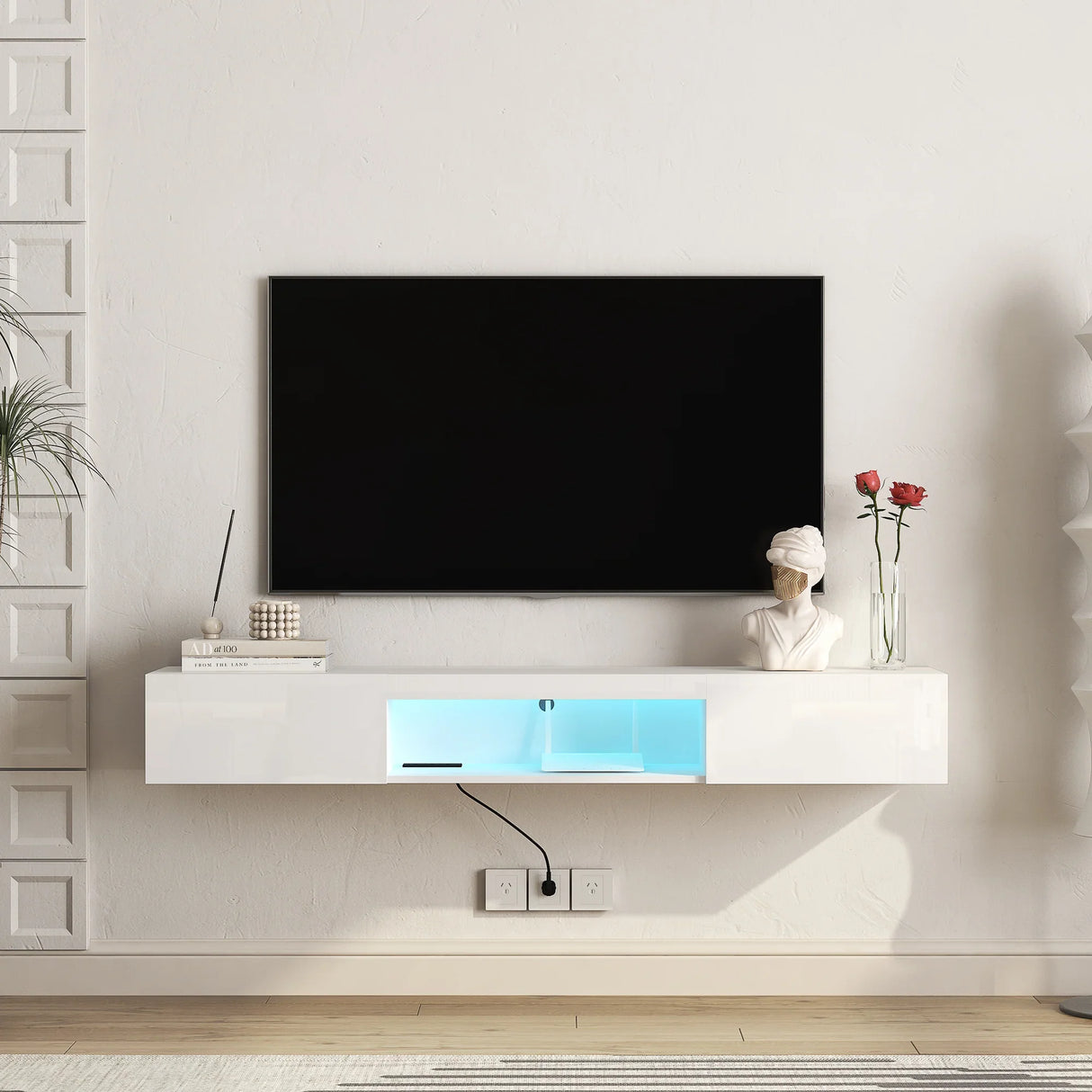 Wall Mounted TV Stand 63 Inch LED Illuminated White - Furniture Home Direct
