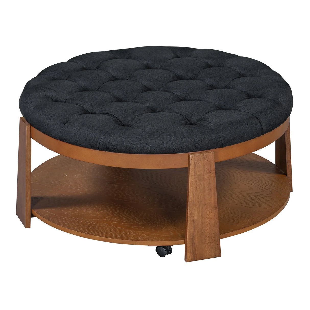 Round Ottoman Coffee Table Oversized Tufted Wood Base Black - Furniture Home Direct