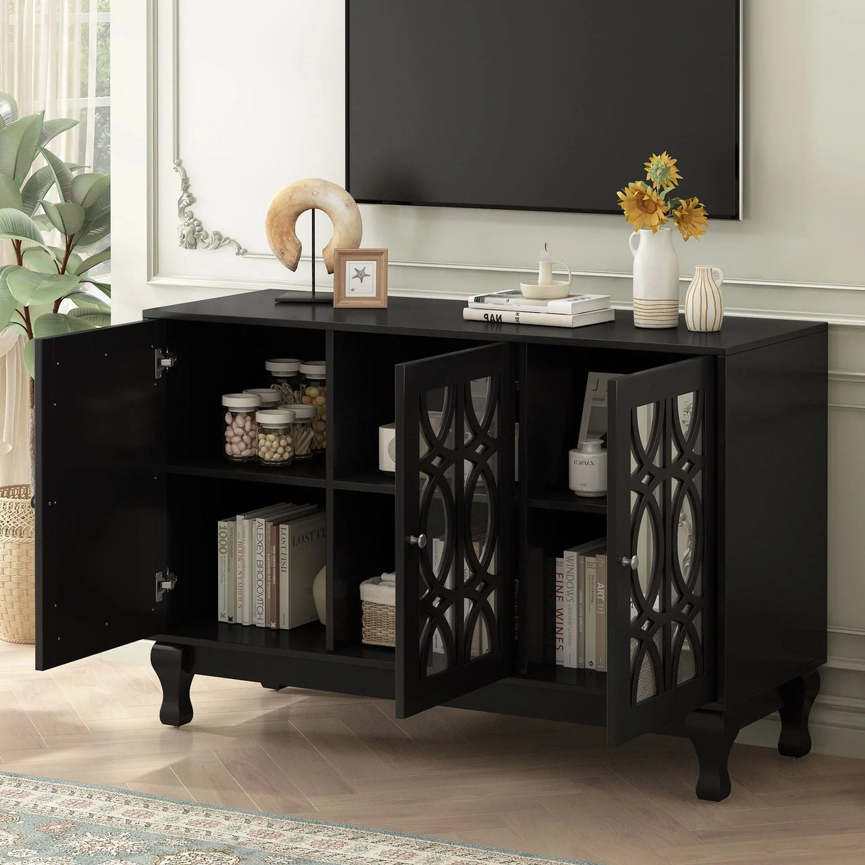 Modern Mirrored TV Stand, 3 Adjustable Shelves For Living Room - Furniture Home Direct