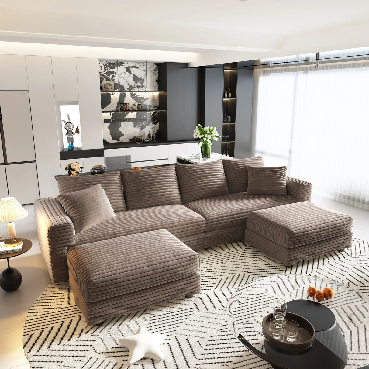 Deep Seat Convertible Sofa With Soft Pillows And Ottomans - Furniture Home Direct