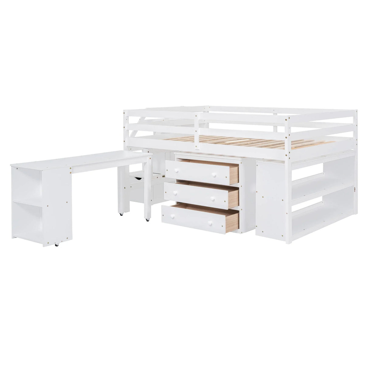 Loft Bed With Retractable Writing Desk And 3 Drawers With Storage Stairs And Shelves - Furniture Home Direct
