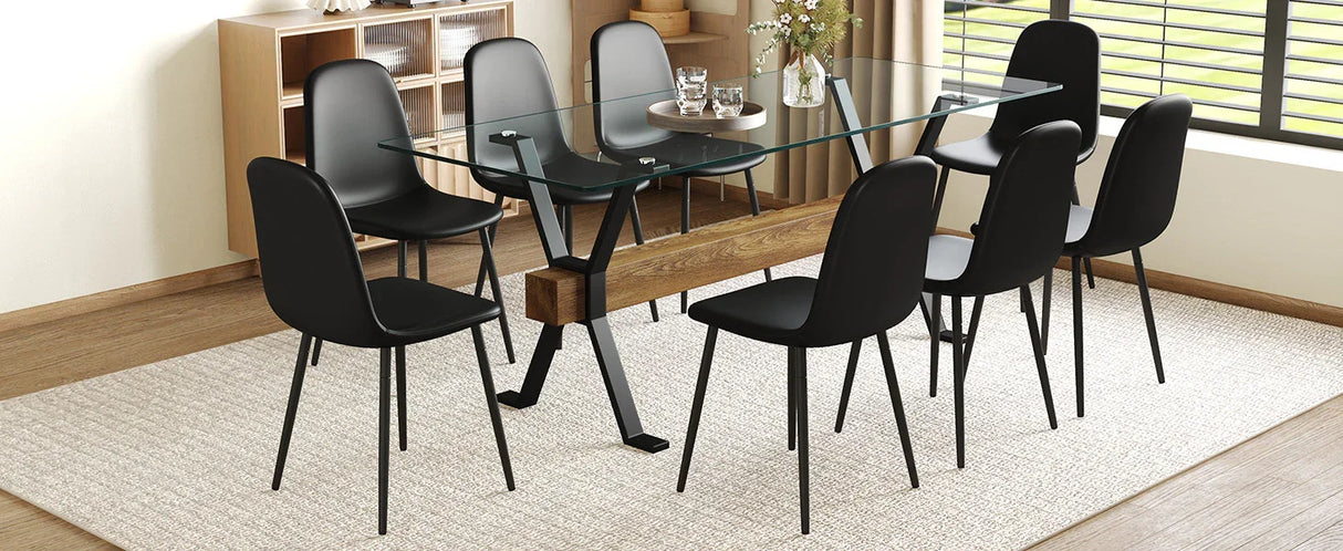Dining Set Glass Table With 8 Cushioned Chairs Black - Furniture Home Direct