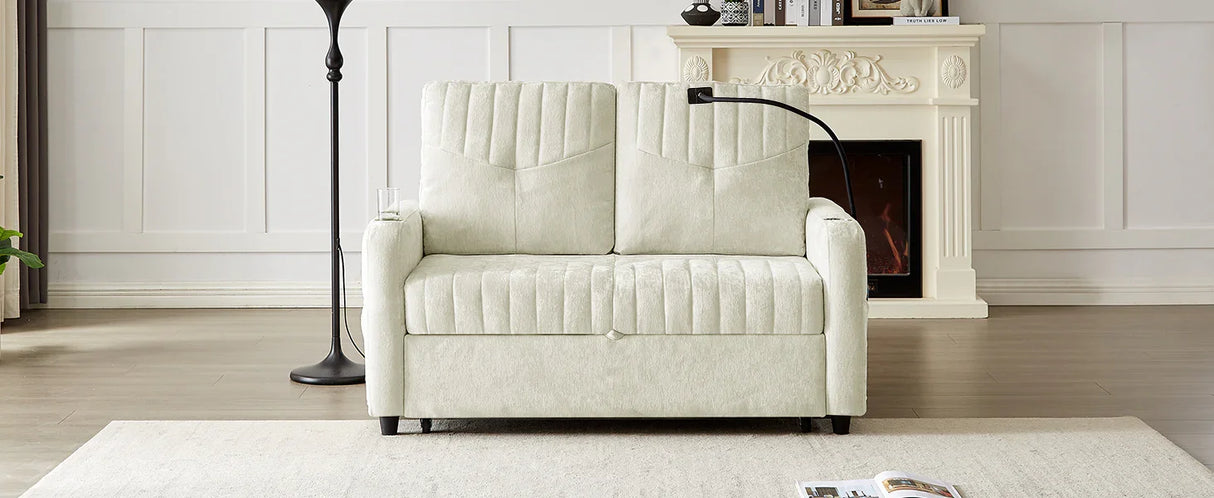 Sleeper Sofa With Adjustable Backrest, Two Cup Holders, Phone Holder, Three Charging Ports And Side Storage Pockets- Beige - Furniture Home Direct