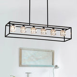 6 Light Farmhouse Chandelier, Modern Industrial Linear Rectangular Crystal Pendant Light Cage Chandelier For Dining Room, Kitchen Island, Bar, Long Table, G9*6 Bulbs Included - Matte Black - Furniture Home Direct