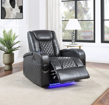 Alair - Leather Aire Power Motion Recliner With Bluetooth, Wireless Charger Cupholder - Dark Gray - Furniture Home Direct