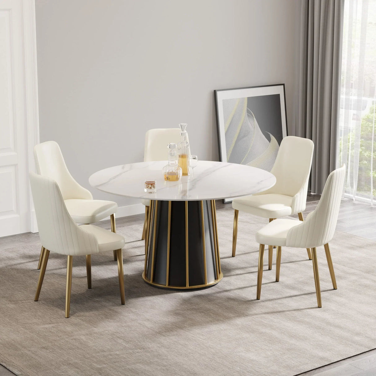 53.15" Modern Artificial Stone Round Panel Metal Iron Base Dining Table, Can Accommodate 6 People, (Not Including Chairs) - White / Black - Furniture Home Direct