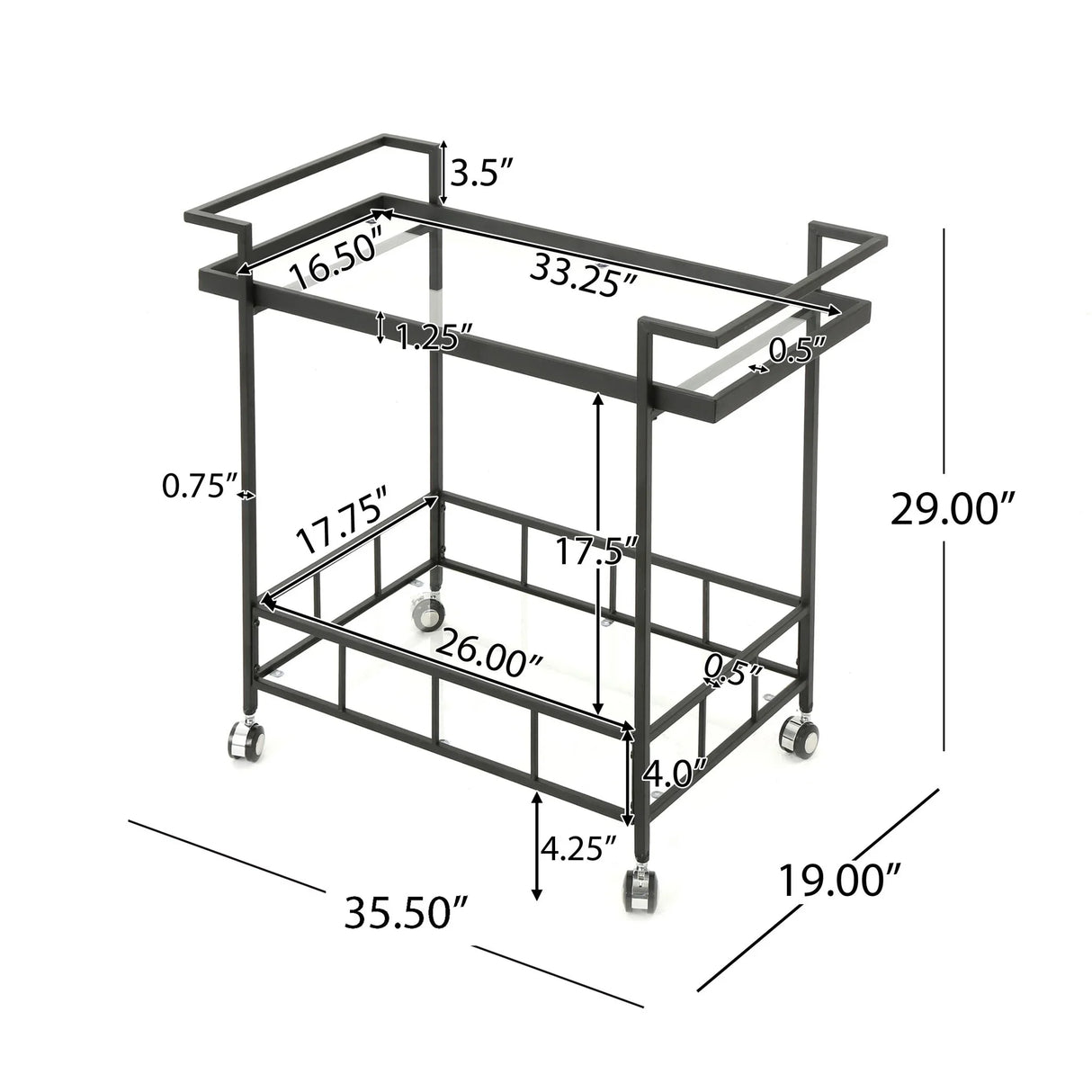 2 Tier Bar Cart, Utility Cart, Rolling Serving Cart, Kitchen Cart With Storage Shelves - Black