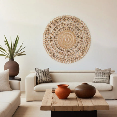 Floral Hand Carved Mandala Round Wall Decor - Brown / Antique White - Furniture Home Direct
