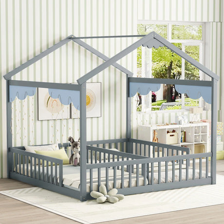 Double Twin House-Style Floor Bed With Fence, Guardrails, Without Door - Furniture Home Direct