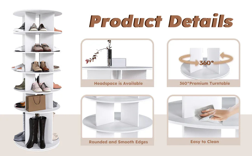 Free Standing 360° Revolving Shoe Organizer for 24 Pairs of Shoes (6-Tier White) - Furniture Home Direct